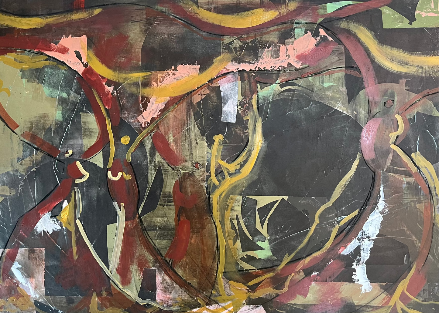 Abstract artwork with bold lines and contrasting colors on a dark background