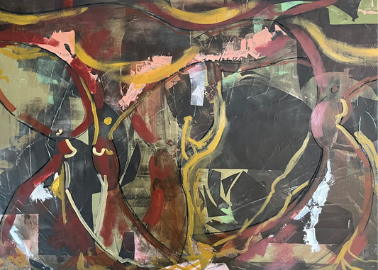 Abstract artwork with bold lines and contrasting colors on a dark background