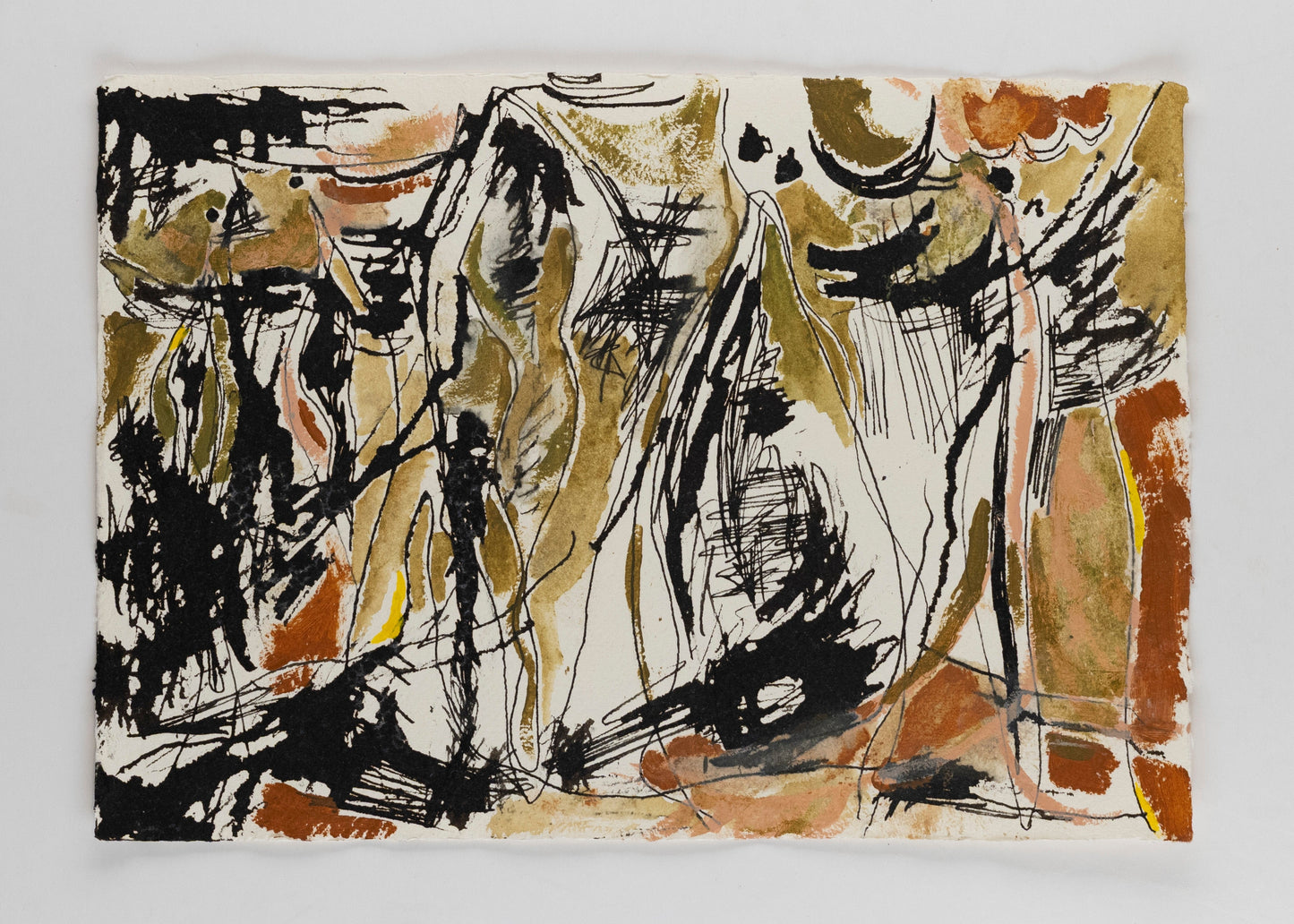 Abstract art piece with black, brown, and beige brush strokes on a white background